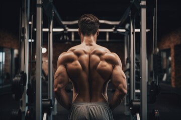Fototapeta na wymiar A man stands in front of a gym machine ready to engage in a fitness workout, Fitness, back pain and hands of man at gym for training with muscle, AI Generated