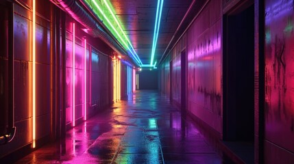 A neon rainbow light running along the ceiling filling the room with vibrant colors - obrazy, fototapety, plakaty