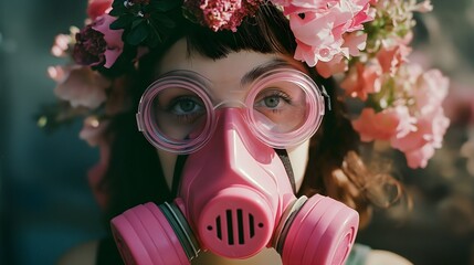  Woman wearing a flower crown, gas masked and googles, Pink color theme - obrazy, fototapety, plakaty