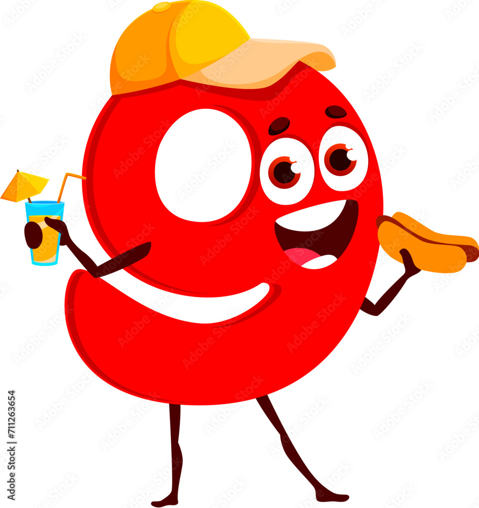 Poster cartoon funny math number nine character enjoying street food and drink. isolated vector digit 9 per