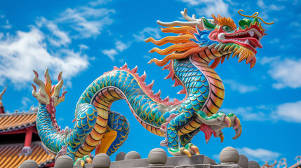 Fototapeta na wymiar Dragon statue, dragon symbol, dragon Chinese, is a beautiful Thai and Chinese architecture of shrine, temple. A symbol of good luck and prosperity during the Chinese New Year celebrations. Daylight
