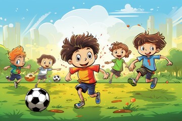 A group of kids enjoy playing soccer together on a sunny day in a grassy field, Football soccer training for kids, children football training scene, AI Generated
