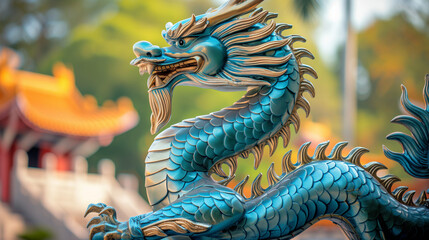 Obraz premium Dragon statue, dragon symbol, dragon Chinese, is a beautiful Thai and Chinese architecture of shrine, temple. A symbol of good luck and prosperity during the Chinese New Year celebrations. Daylight