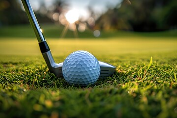 Golf ball and club on the grass near the hole. Generative AI.