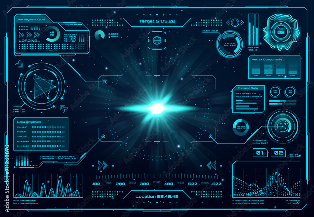 Leinwandbilder Spaceship radar screen interface or HUD dashboard of control panel, vector background. Futuristic spaceship dashboard UI for game, HUD technology virtual display with information boxes and target aims