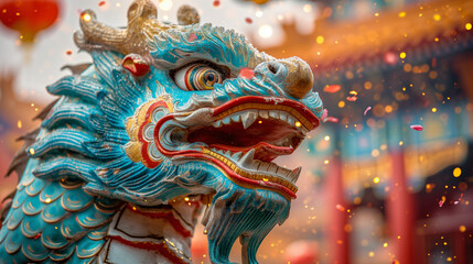 Fototapeta premium Dragon statue, dragon symbol, dragon Chinese, is a beautiful Thai and Chinese architecture of shrine, temple. A symbol of good luck and prosperity during the Chinese New Year celebrations. Daylight