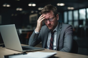 A man sitting in front of his laptop computer, focused and engaged in his work, Frustrated businessman sitting at desk in office, AI Generated