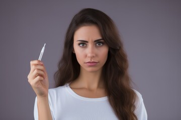 Obraz premium A photo of a woman holding a toothbrush, emphasizing the importance of oral hygiene, Frustrated disappointed woman holding a negative pregnancy test, difficulties conceiving, AI Generated