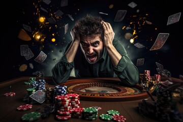 A man leisurely sits at a table, completely encircled by stacks of colorful casino chips, Frustrated gambler man, gambling addiction, AI Generated