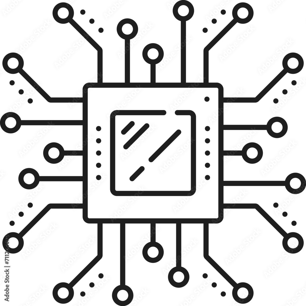 Fototapete Digital processor, machine learning line icon of AI artificial intelligence algorithm, outline vector. Computer processor chip for AI robot brain or artificial intelligence and smart mind technology