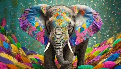 Foto op Canvas Firefly a cute elephant made of colorful feathers © Bimalka