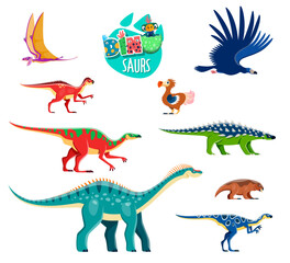 Funny cartoon dinosaurs characters. Jurassic era animal, paleontology or prehistoric reptile vector personage. Dimorphodon, Argentavis, Dodo and Saichania, Anatotitan, Gipsilofodon extinct dinosaur
