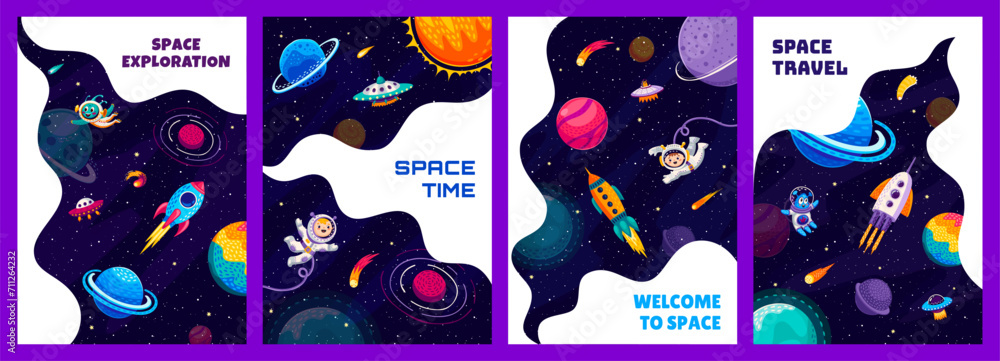 Poster space posters with cartoon spaceship and starship, kid astronauts and alien ufo, vector background. 