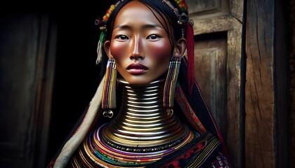 Kayan tribe woman of Northern Thailand wearing brass neck rings	
