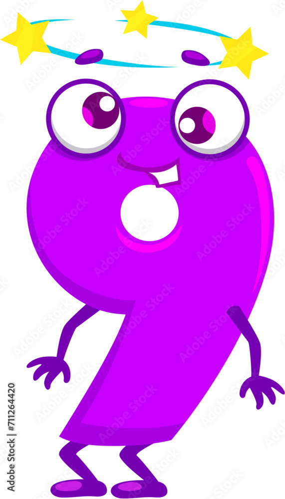 Poster cartoon funny math number nine 9 character for kids mathematics, vector icon. 9 nine number with diz