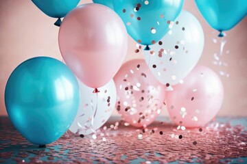 A variety of colorful balloons, ranging in shapes and sizes, beautifully displayed on a table, gender reveal balloons and glitter invitation for baby shower, AI Generated - obrazy, fototapety, plakaty