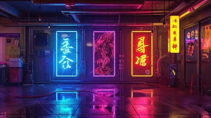 Fototapeten The colorful neon signs of different martial arts techniques serve as a reminder of the endless possibilities within the dojos walls © Justlight