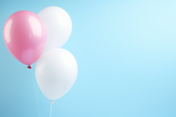 Three balloons of different colors floating gracefully in the air against a vibrant blue background, a colorful gender reveal with pink and blue balloons on a table, AI Generated