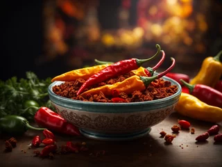 Outdoor kussens Red hot spicy chili peppers, food ingredients in studio background, cinematic food photography  © Sompadith
