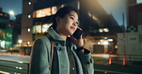 Asian woman, phone call and laughing at night in city for funny joke, conversation or outdoor...