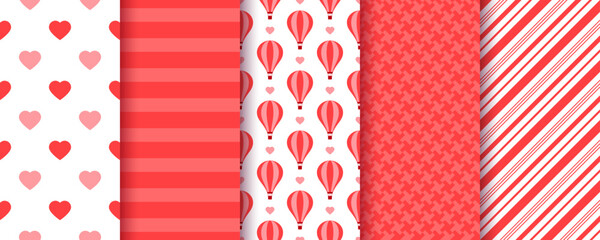 Valentine's day background. Seamless pattern. Set red textures with hearts, stripes and hot air balloon. Prints for scrapbooking. Collection love wrapping papers. Vintage backdrop. Vector illustration