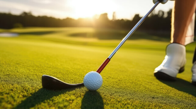 A detailed image of a golf ball and club placed on a green golf course. This asset is perfect for golf-related designs, sports-themed marketing materials, and golf event promotions.