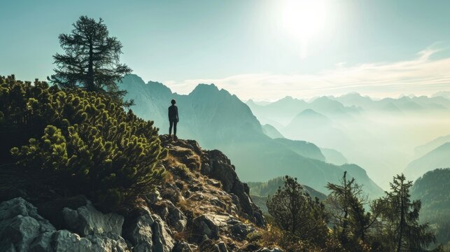 A person practicing walking meditation while hiking on a mountain top.
