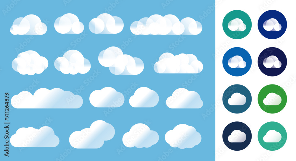 Poster set of gradient cartoon clouds in a flat design. cloud shapes design. vector set gradient clouds. wh