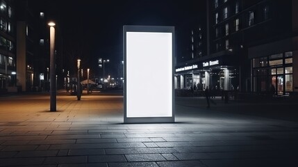 Mockup of a blank white vertical billboard on a sidewalk at night with street lights and buildings in the background - obrazy, fototapety, plakaty