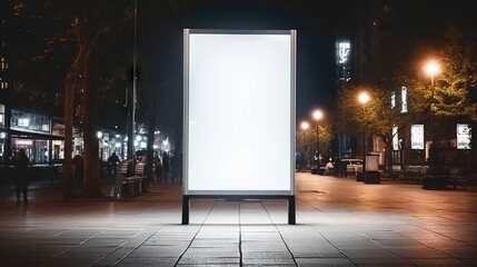Mockup of a blank white vertical billboard on a sidewalk at night with street lights and buildings in the background