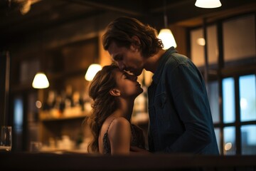 A candid photo of a man and woman engaged in a passionate kiss, captured in the vibrant atmosphere of a bar, couple of young woman and man kissing and hugging on bar table or restaurant, AI Generated