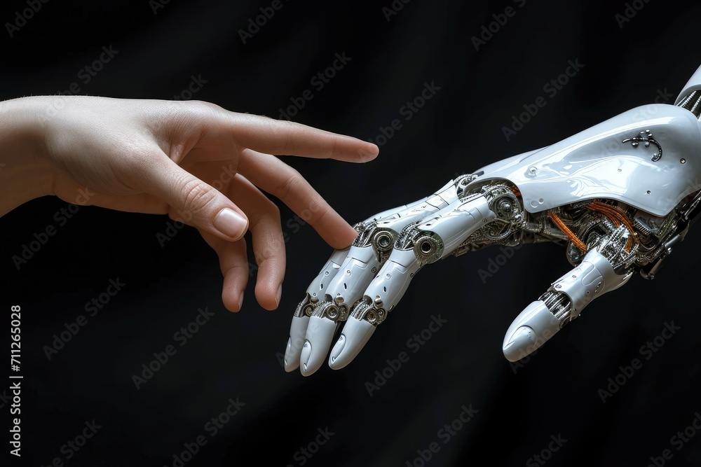 Aufkleber a robot hand reaches for a human hand on black background. generative ai.
