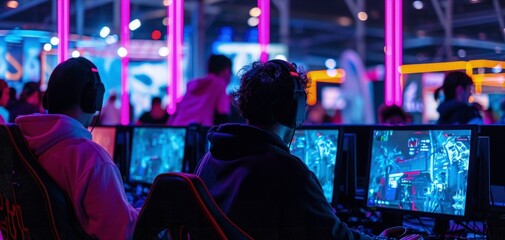 gaming industry event or gaming competition amusement, gamer  playing computer games together under neon lighting