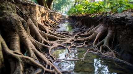 The effects of waterlogging and erosion were evident in the large pools of standing water and exposed roots of plants struggling to survive.