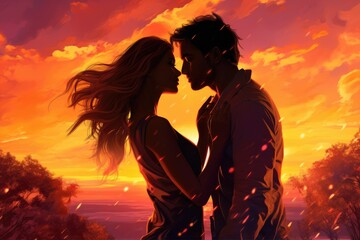 A man and woman are standing side by side, their silhouettes stark against a breathtaking sunset, couple sharing a kiss against a colourful sunset, AI Generated