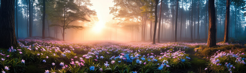 Obraz premium Wide panorama of the forest with spring flowers in the morning fog. Generative AI.