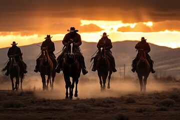 A powerful and exciting sight as a group of men confidently ride on the backs of horses, showcasing their impressive equestrian abilities, Cowboys on horseback, AI Generated