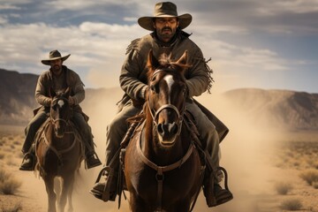 Fototapeta premium Two men riding horses through the desert landscape on a day with cloudy skies, Cowboys on horseback, AI Generated