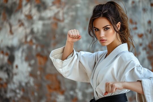 A beautiful woman in a white kimono and a black belt practices karate - Powered by Adobe