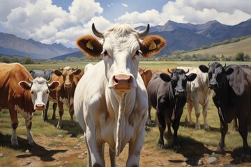 Obraz premium A large group of cattle stands on top of a grassy field, peacefully grazing outdoors in the open, cows in ranch or farm, AI Generated