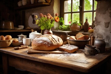 Fototapeta premium A variety of freshly baked bread loaves displayed on a wooden table ready for purchase, Cozy country kitchen with fresh bread cooling on a wooden countertop, AI Generated