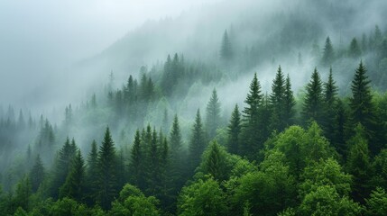 Misty pine forest on the mountain slope in a nature reserve.