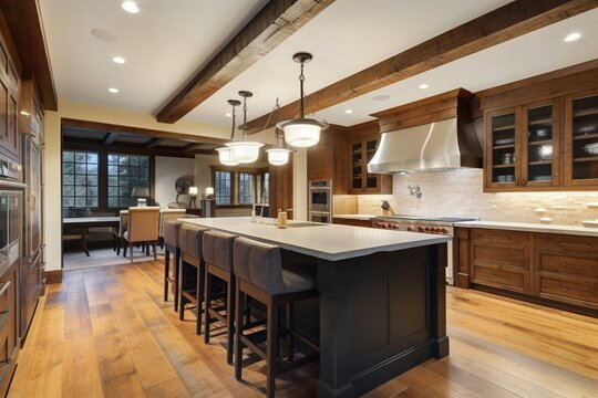 Luxurious kitchen with wooden beams and modern lighting. Generative AI