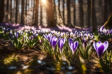 Enchanting first crocuses blooming in a woodland glade, surrounded by dappled sunlight and a bokeh...