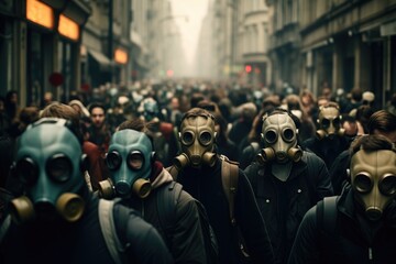 An image showing a group of people wearing gas masks as they walk down a street, Crowd of people in gas masks on a city street, AI Generated