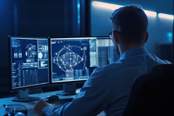 Software develper man wearing glasses working coding Write a program develope AI application on laptop at home office.