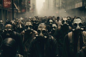 A photo of a large group of people wearing gas masks in a confined space, ensuring their safety, Crowd of people in gas masks on a city street, AI Generated