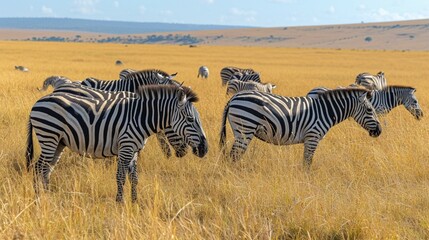 A group of zebras grazing in a golden savannah, their distinctive black and white stripes creating a visually striking composition.