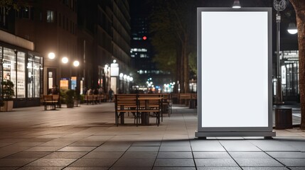 Mockup of a blank white vertical billboard on a sidewalk at night with street lights and buildings...