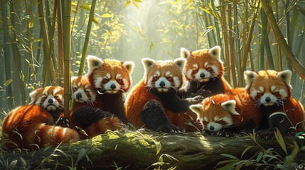 A group of red pandas frolicking in a bamboo forest, their fluffy tails and playful antics creating...